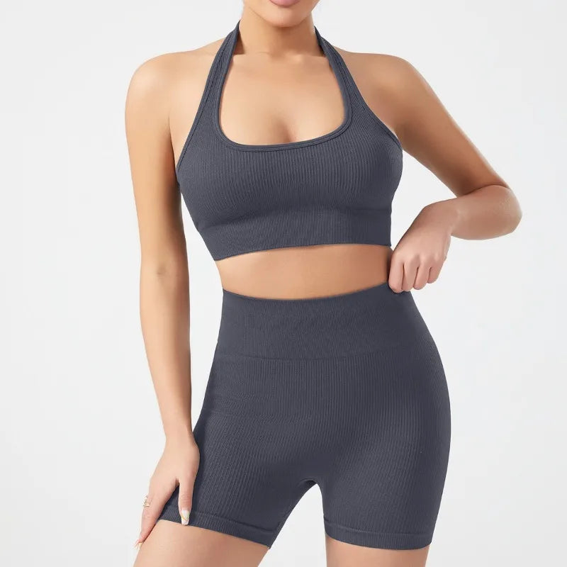 RibBack Yoga Set — Backless Sports Bra + High-Lift Shorts