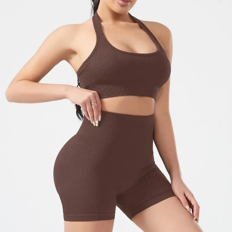 RibBack Yoga Set — Backless Sports Bra + High-Lift Shorts