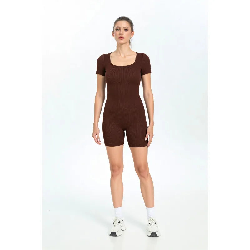 RibSuit Yoga Bodysuit — Seamless Short-Sleeve One-Piece