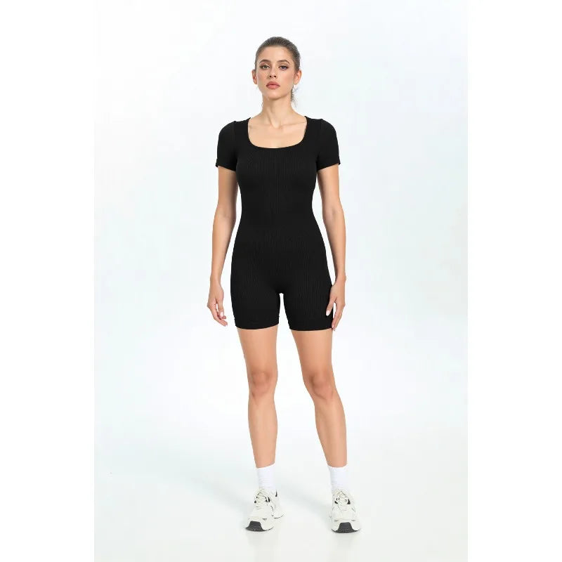 RibSuit Yoga Bodysuit — Seamless Short-Sleeve One-Piece
