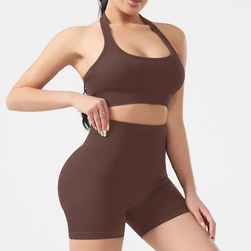RibBack Yoga Set — Backless Sports Bra + High-Lift Shorts