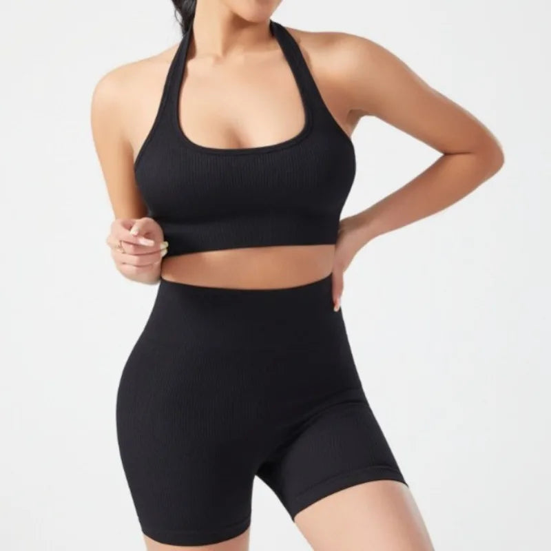RibBack Yoga Set — Backless Sports Bra + High-Lift Shorts