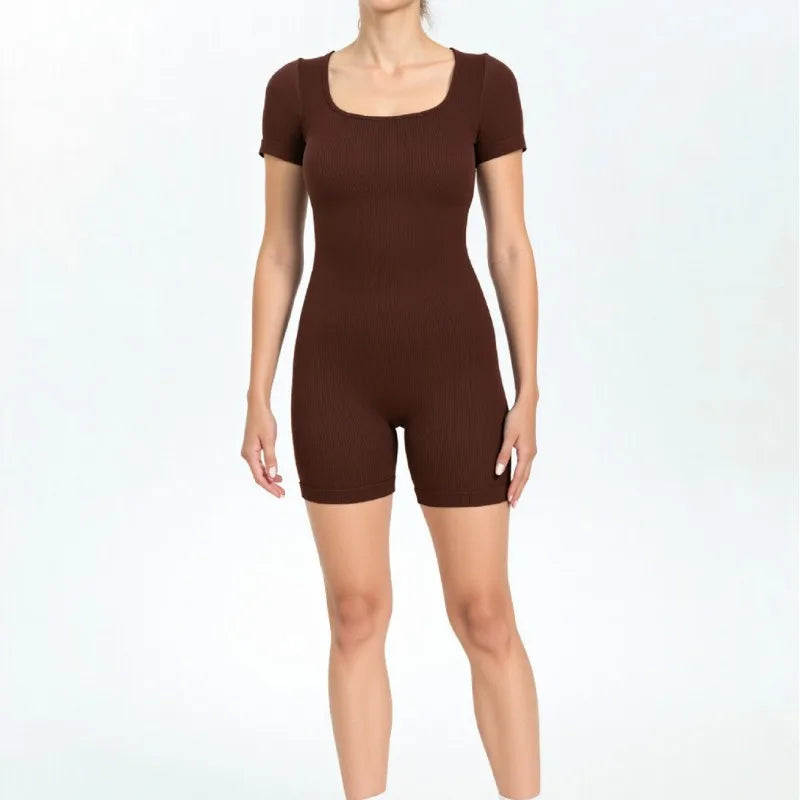 RibSuit Yoga Bodysuit — Seamless Short-Sleeve One-Piece